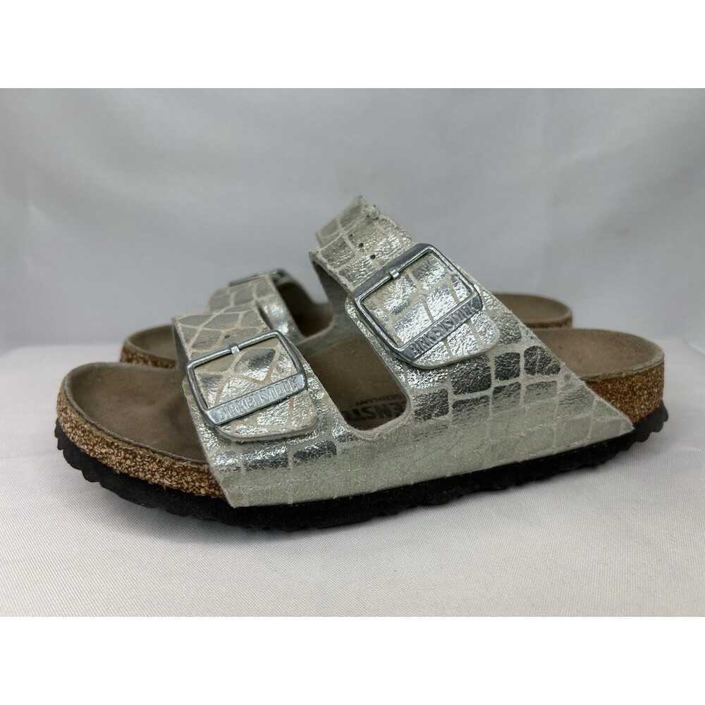 Birkenstock Arizona Silver Gator Gleam Silver 2 Strap Sandals Size 8 US  39 EU - Picture 4 of 9